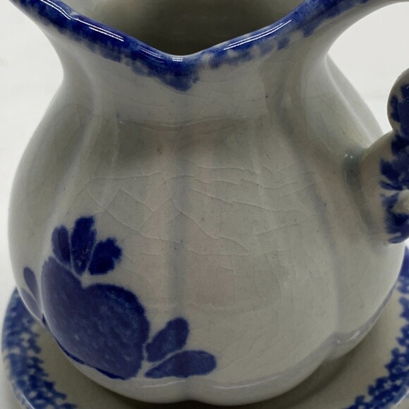 Spongeware Pitcher with Blue Apple Pottery Country Folk Craft Crazing - Picture 6 of 6
